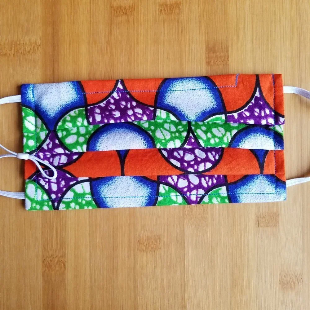 Hand Crafted Face Mask and Earrings African Wax Fabric Orange Purple Adult